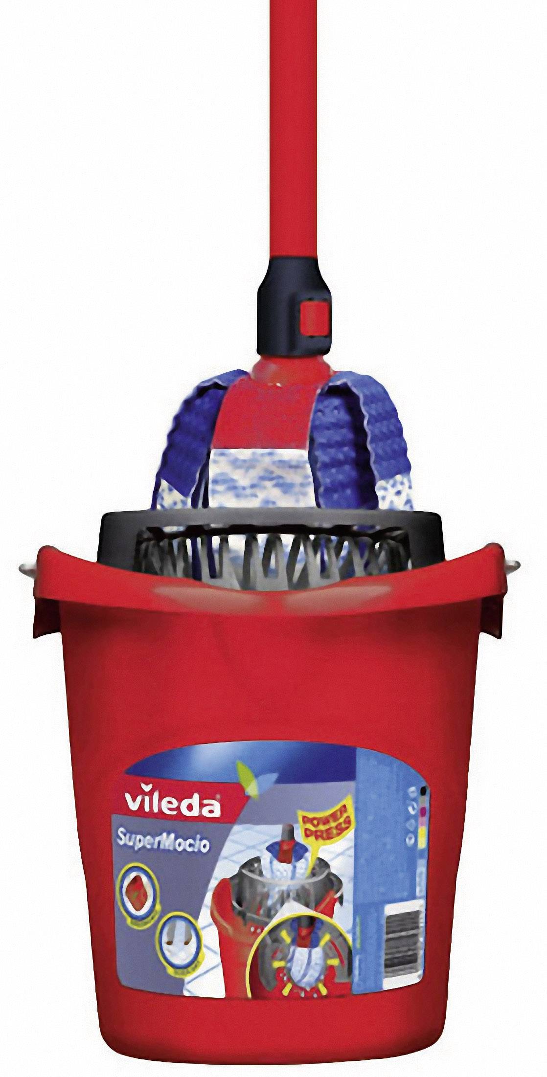 Secchio rosso con scritta blu 'Vileda SuperMocio' e sistema integrato di strizzatura, incluso un mocio abbinato.