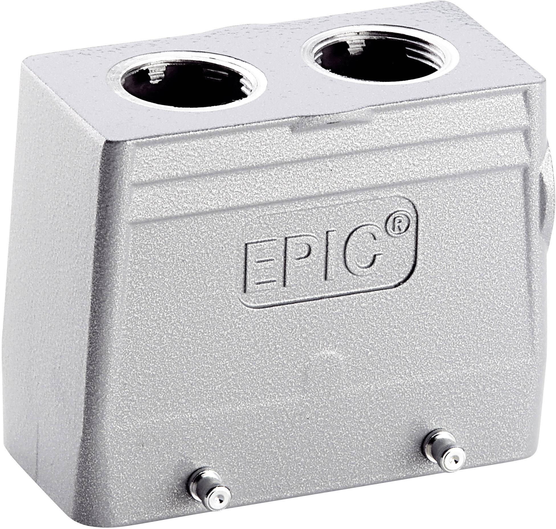 Un involucro metallico rettangolare con due aperture circolari in alto e il nome del marchio 'EPIC' stampato sul lato anteriore.