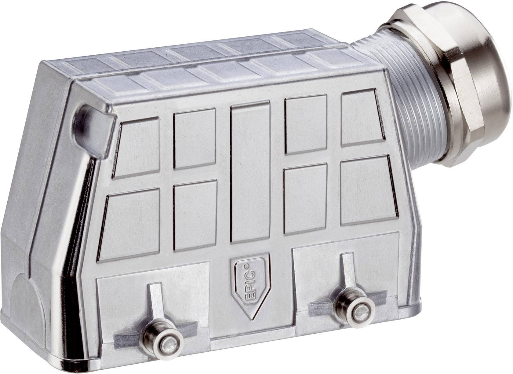 Involucro metallico con due viti di fissaggio e un connettore per cavi. Adatto per connessioni industriali.