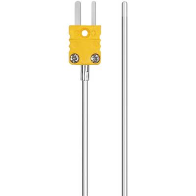 Un connettore termocoppia giallo con due spinotti metallici e un'asta metallica collegata, utilizzato per la misurazione della temperatura.