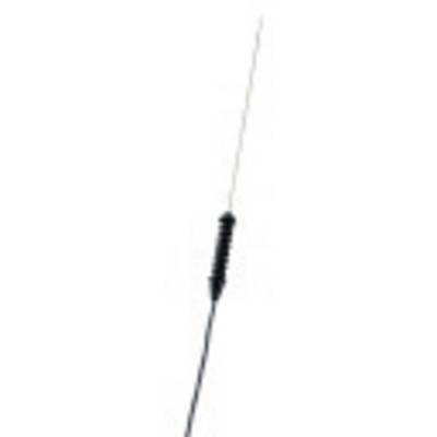 Un'antenna radio lunga e nera con una base a molla, su uno sfondo bianco.