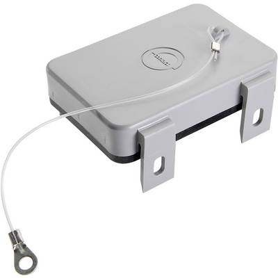 Custodia grigia rettangolare con supporti in metallo e cavo di sicurezza collegato.