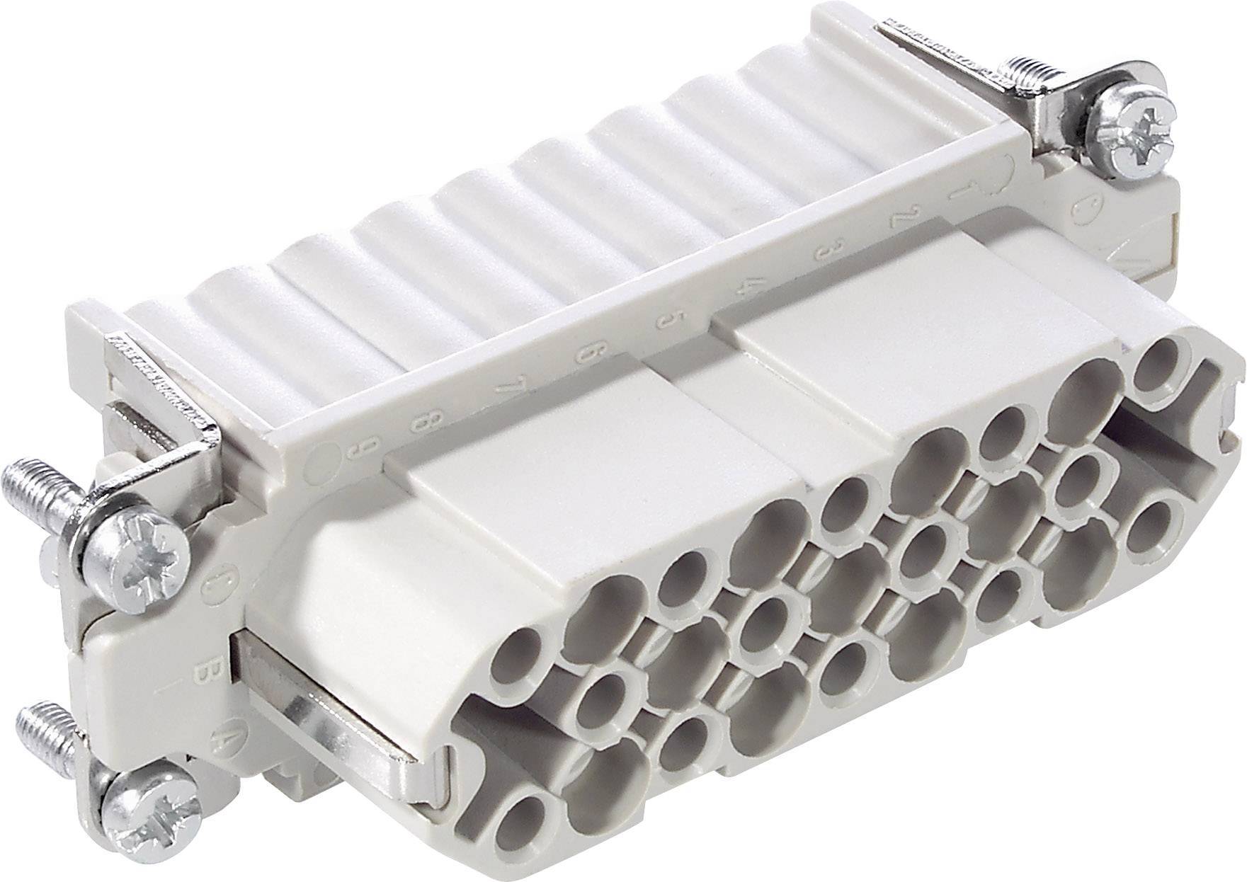 Blocco connettore multipolare con 24 slot, due viti laterali per il fissaggio.