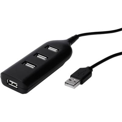 Un hub USB nero con tre porte USB e una spina USB, pronto per la connessione a un computer o altri dispositivi.