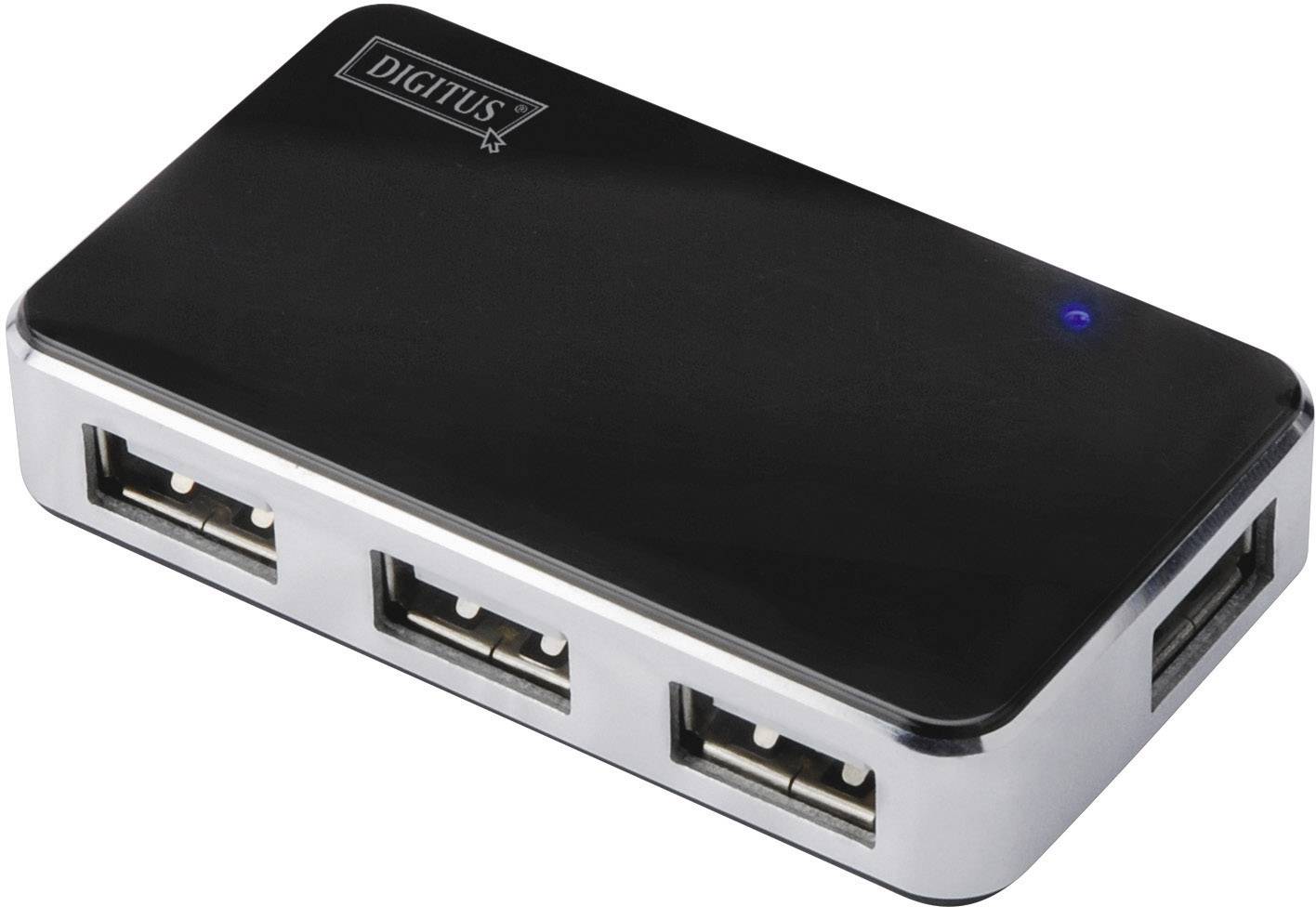 Hub USB nero con quattro porte e un indicatore LED blu sulla parte superiore.