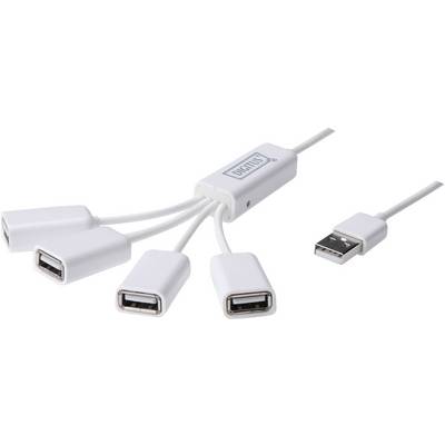 Hub USB bianco con un ingresso e quattro porte di uscita disposte a stella.