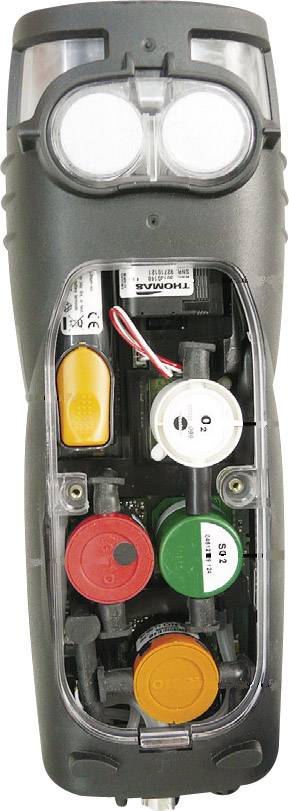 Un dispositivo elettrico di test con vano batterie aperto e batterie contrassegnate con colori. In alto due luci rotonde bianche.