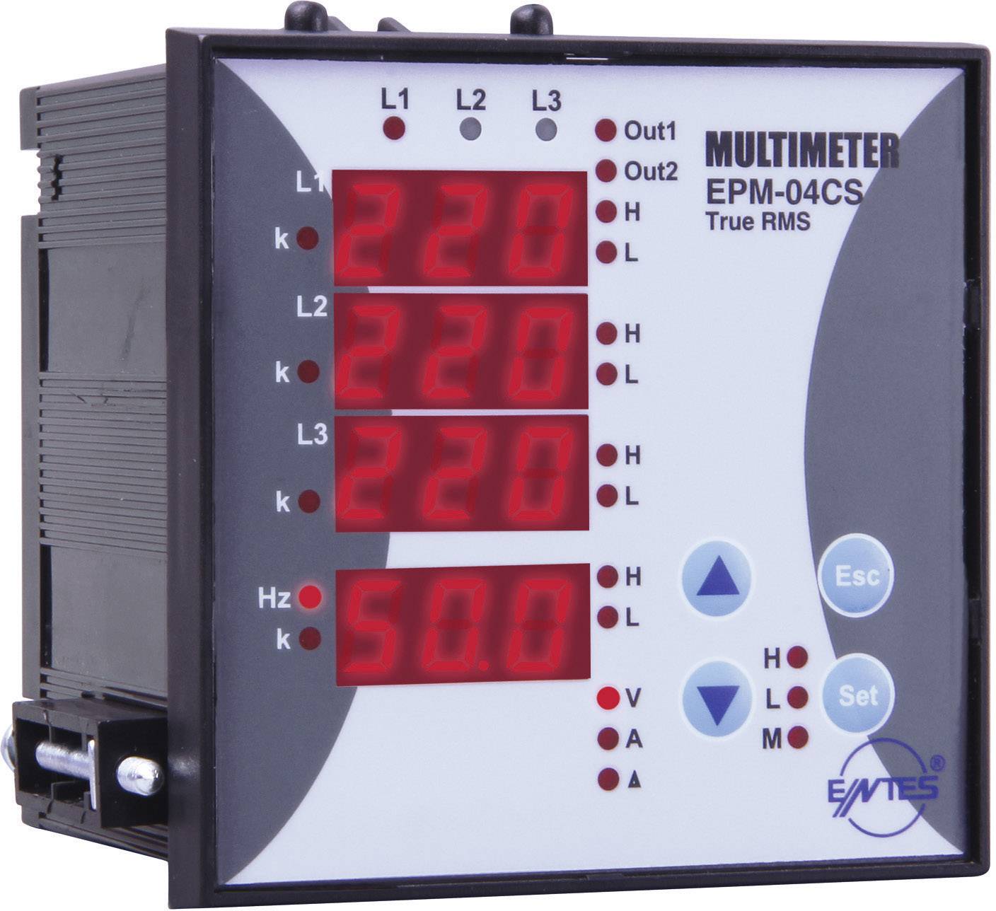 Multimetro digitale con quattro display, mostra 220 V per L1, L2, L3 e 50 Hz, con 'Out1' e 'Out2' visualizzati, pulsanti di controllo a destra.