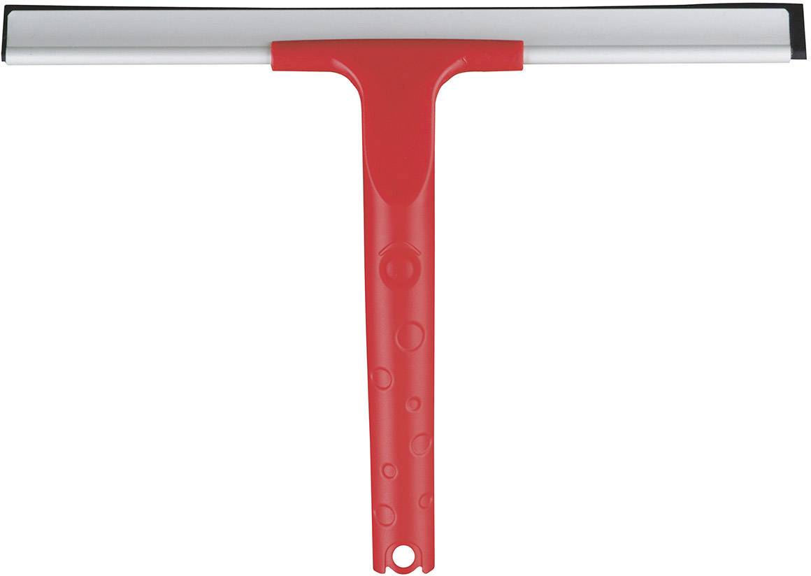 Un detergente per vetri rosso con una striscia di gomma nera, utilizzato per pulire superfici di vetro.