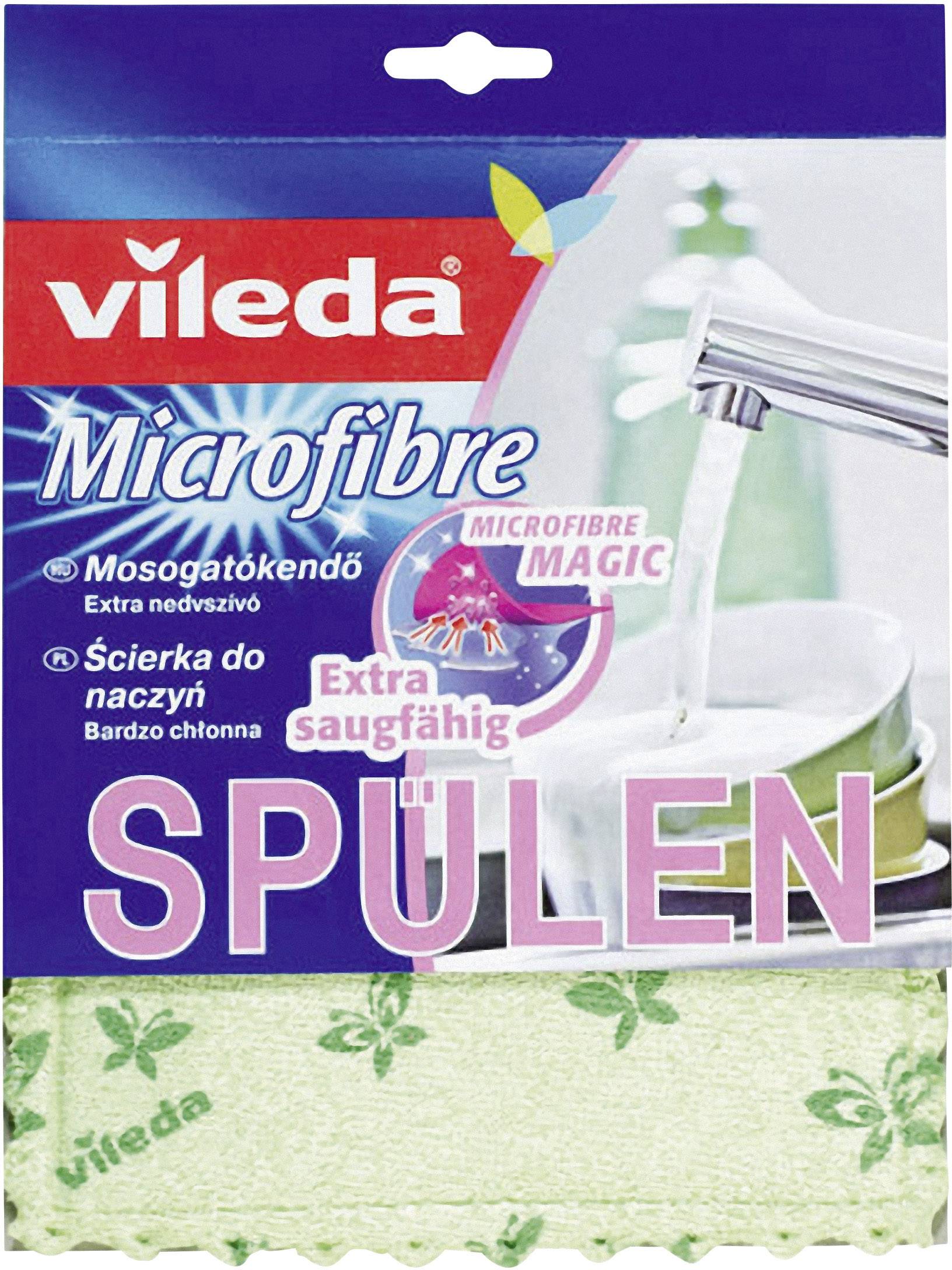 Confezione di un panno in microfibra Vileda per la pulizia dei piatti, raffigurante un rubinetto e stoviglie. Il testo sulla confezione evidenzia l'elevata capacità assorbente.