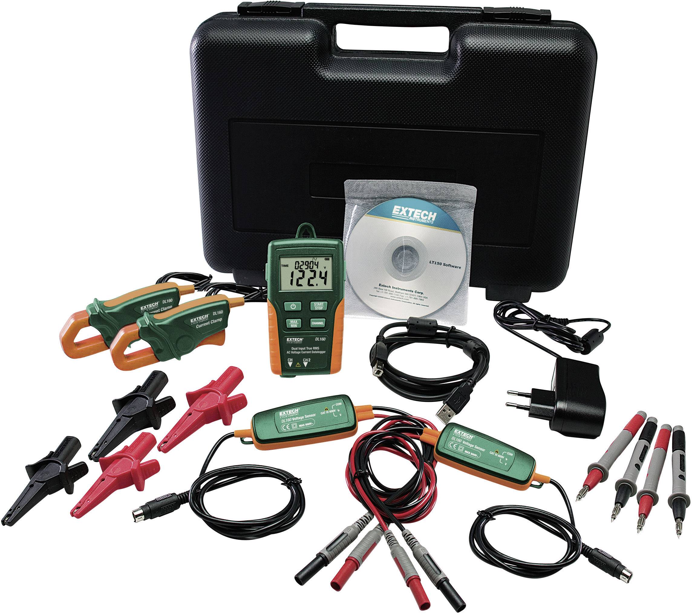 Set multimetro con multimetro digitale, cavi di misura, pinze, alimentatore e CD davanti a un contenitore nero. Ideale per misurazioni elettriche.