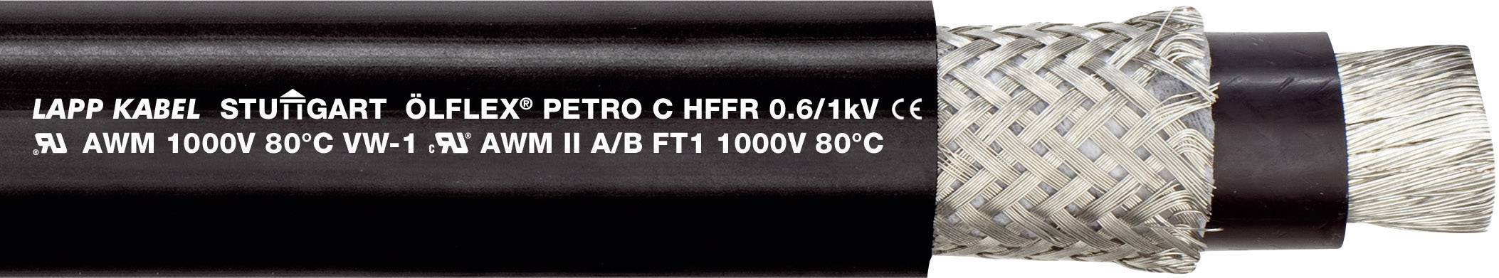 Cavo nero con texture, riportante la scritta 'LAPP KABEL STUTTGART ÖLFLEX PETRO C HFFR 0.6/1KV'. Dettagli e specifiche del cavo visibili.