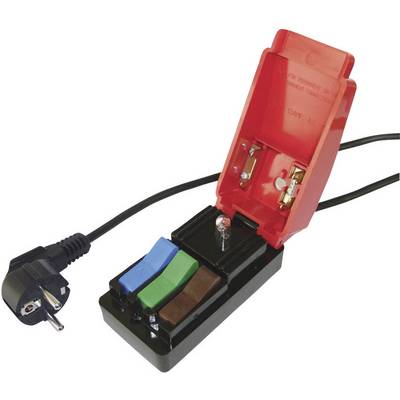 Un connettore di rete aperto rosso e nero con tre tasti colorati (blu, verde, marrone) e un cavo di collegamento laterale.