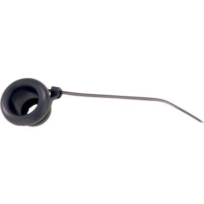 Un oggetto nero a spirale con un lungo stelo curvo che ricorda un tappo per le orecchie a forma di aereo in miniatura.