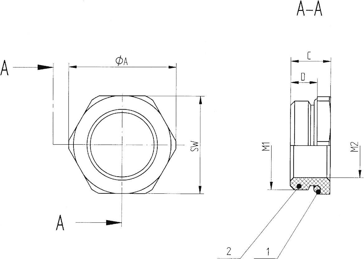 Disegno tecnico di un dado esagonale. I dettagli includono dimensioni e vista in sezione. Le principali misure sono ΦA, SW, M1, M2.