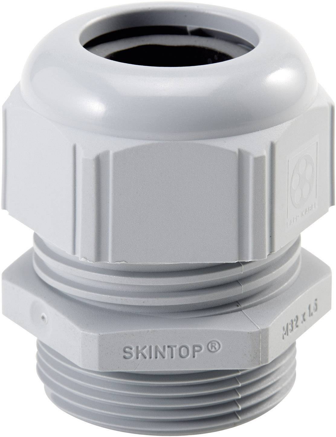 Raccordo passacavo in plastica grigia con parte superiore zigrinata e filettatura, per sigillare e fissare cavi all'interno di apparecchiature.