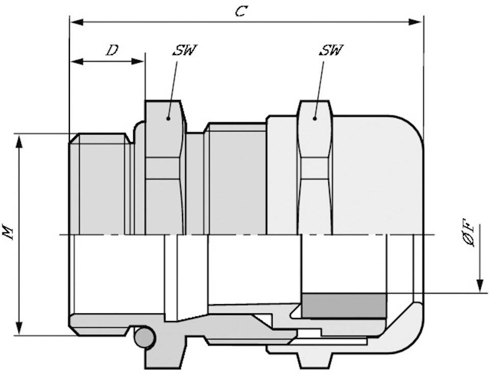 Disegno tecnico di un componente meccanico con annotazioni: profili, lunghezze C e D, filettatura M, diametro ØE e larghezza chiave SW.