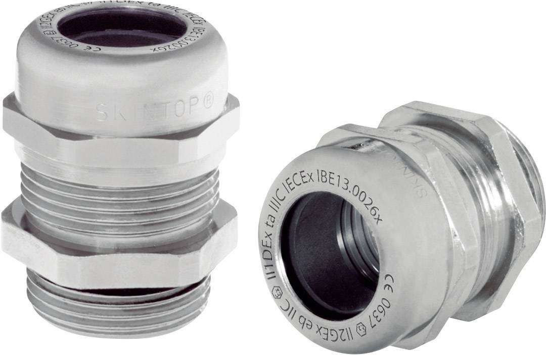 Due raccordi filettati in metallo per cavi, uno in posizione verticale e uno in posizione orizzontale, con filettatura e superficie liscia per applicazioni elettriche.