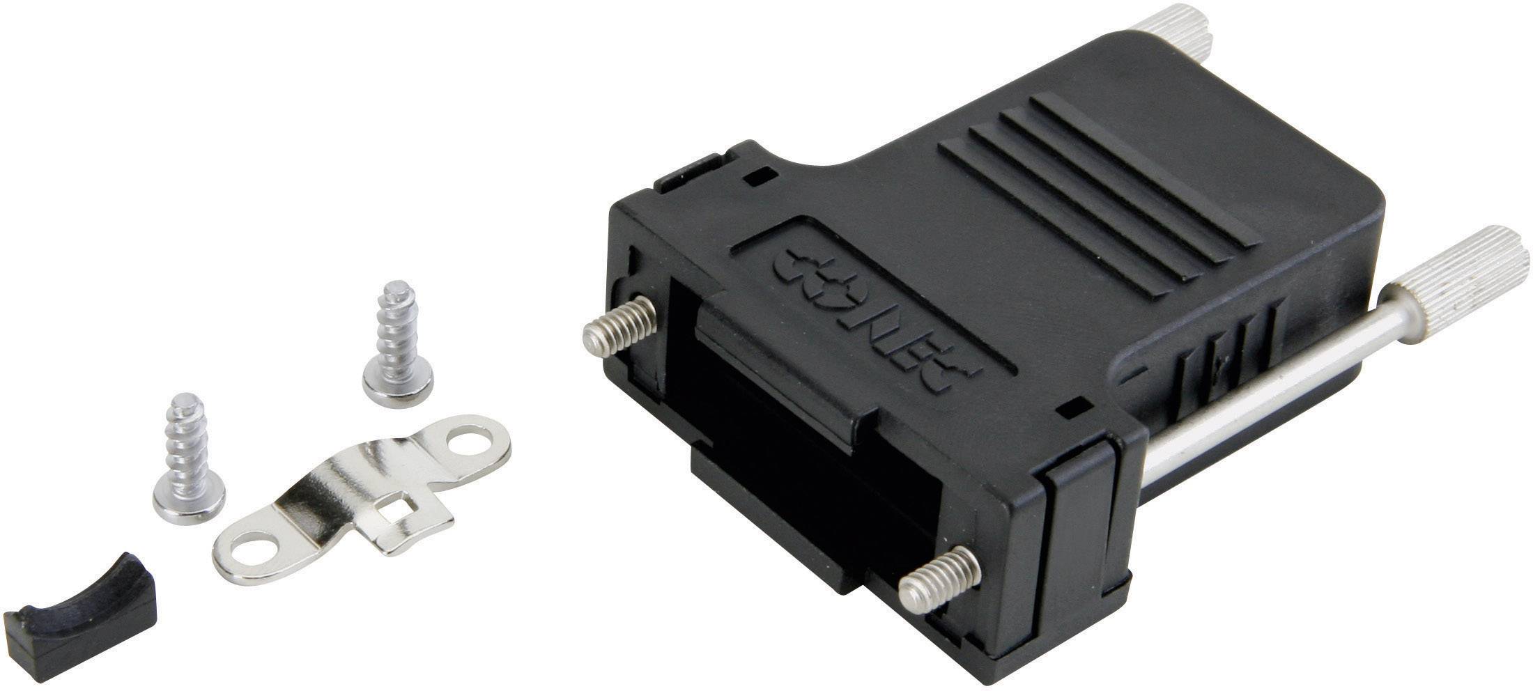 'Set di custodia per connettore D-Sub nero con viti e staffa metallica. Per il montaggio e la protezione di connessioni elettriche.'