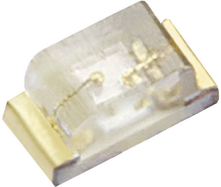 Piccola SMD-LED con involucro trasparente e superfici di connessione dorate, adatta per il montaggio su circuito stampato in dispositivi elettronici.