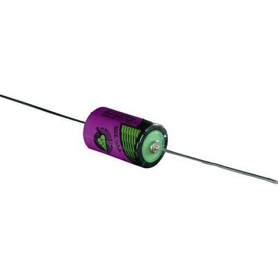 Batteria cilindrica lilla con connettori a filo, l'etichetta mostra il modello e la tensione.