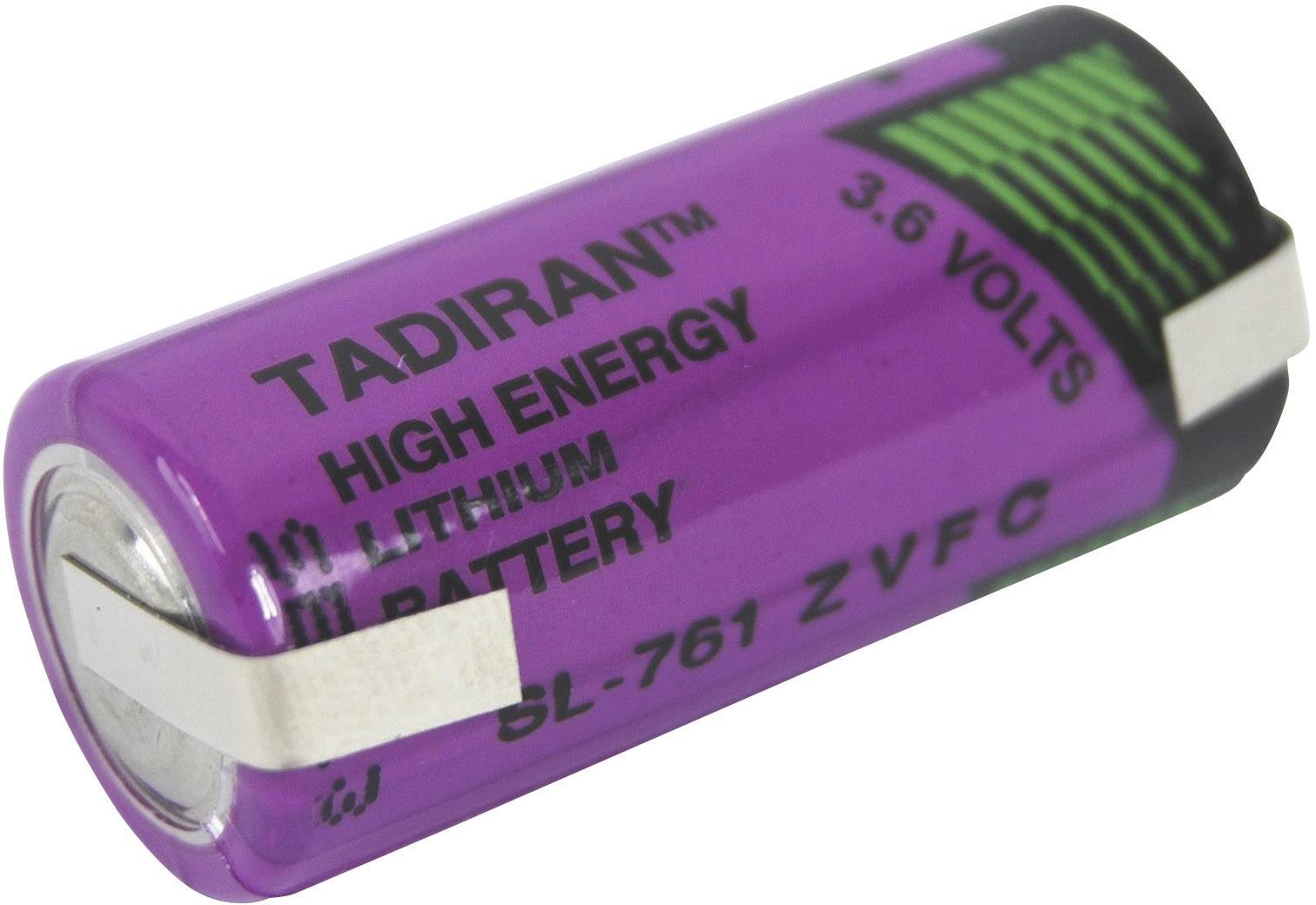 Batteria al litio Lila con la scritta 'Tadiran High Energy 3.6 Volt'. Forma cilindrica con contatti metallici lucenti.