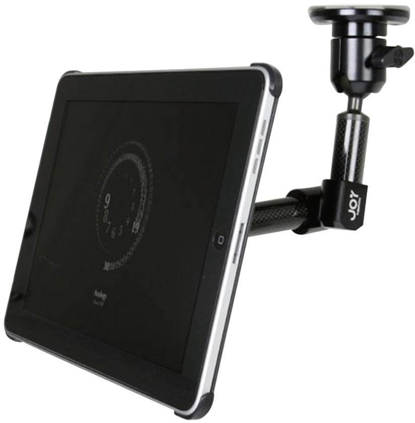 Tablet fissato a un supporto rotante, mostra un display nero con un orologio digitale. Il supporto è ancorato a una superficie.