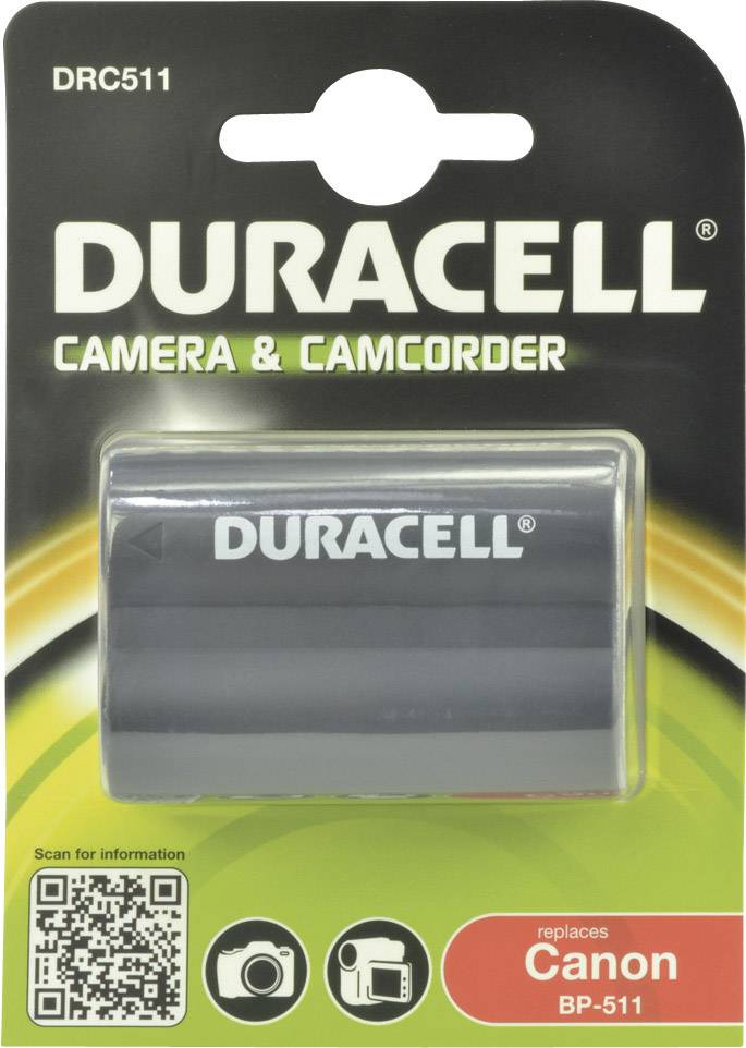 Batteria sostitutiva Duracell per fotocamere Canon BP-511, su sfondo nero e verde, con codice QR e icone della fotocamera.