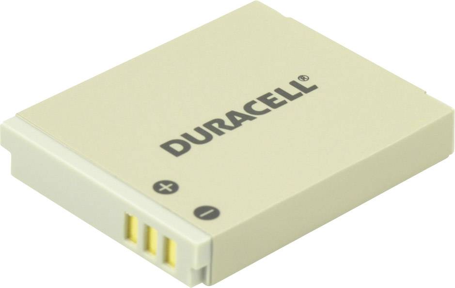 Una batteria piatta e rettangolare Duracell con marcature dei poli positivo e negativo, con punti di contatto gialli su un lato.
