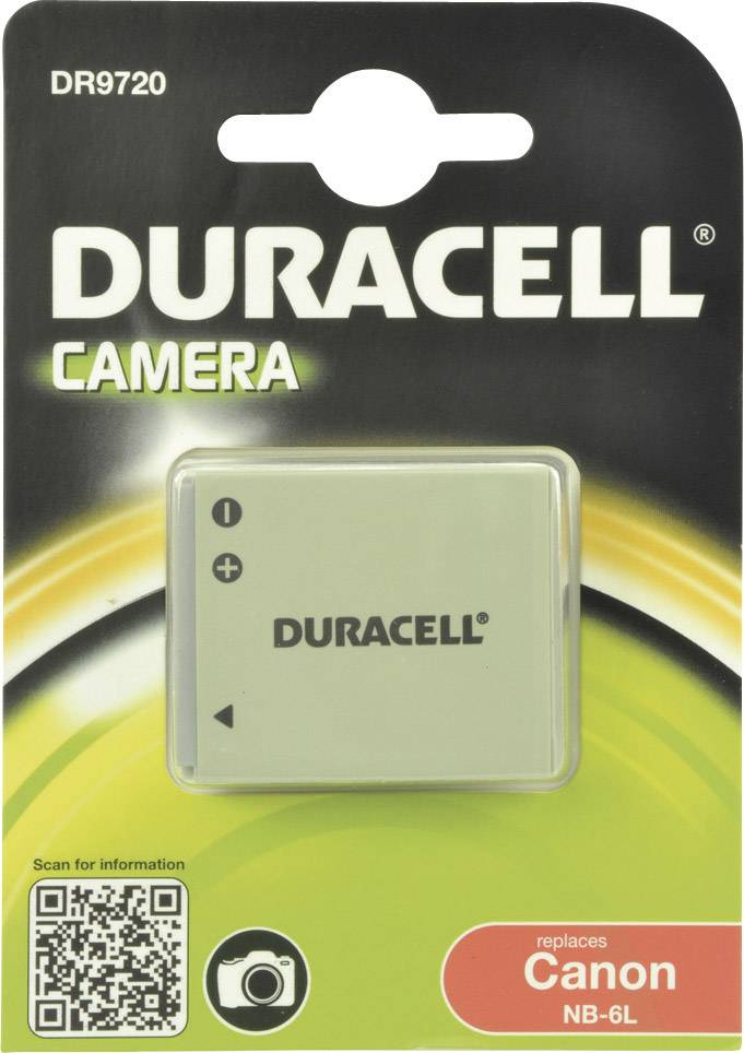 Batteria per fotocamera Duracell, modello DR9720, sostituisce Canon NB-6L, confezionata in blister con codice QR e simbolo della fotocamera.