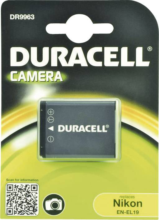 Batteria Duracell per fotocamera in confezione. Compatibile con Nikon EN-EL19. Contiene codice QR e simbolo della fotocamera.