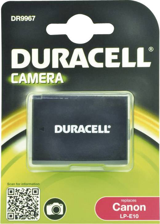 Una batteria per fotocamera Duracell in una confezione. Numero di modello DR9967. In basso a destra è scritto 'sostituisce Canon LP-E10'.