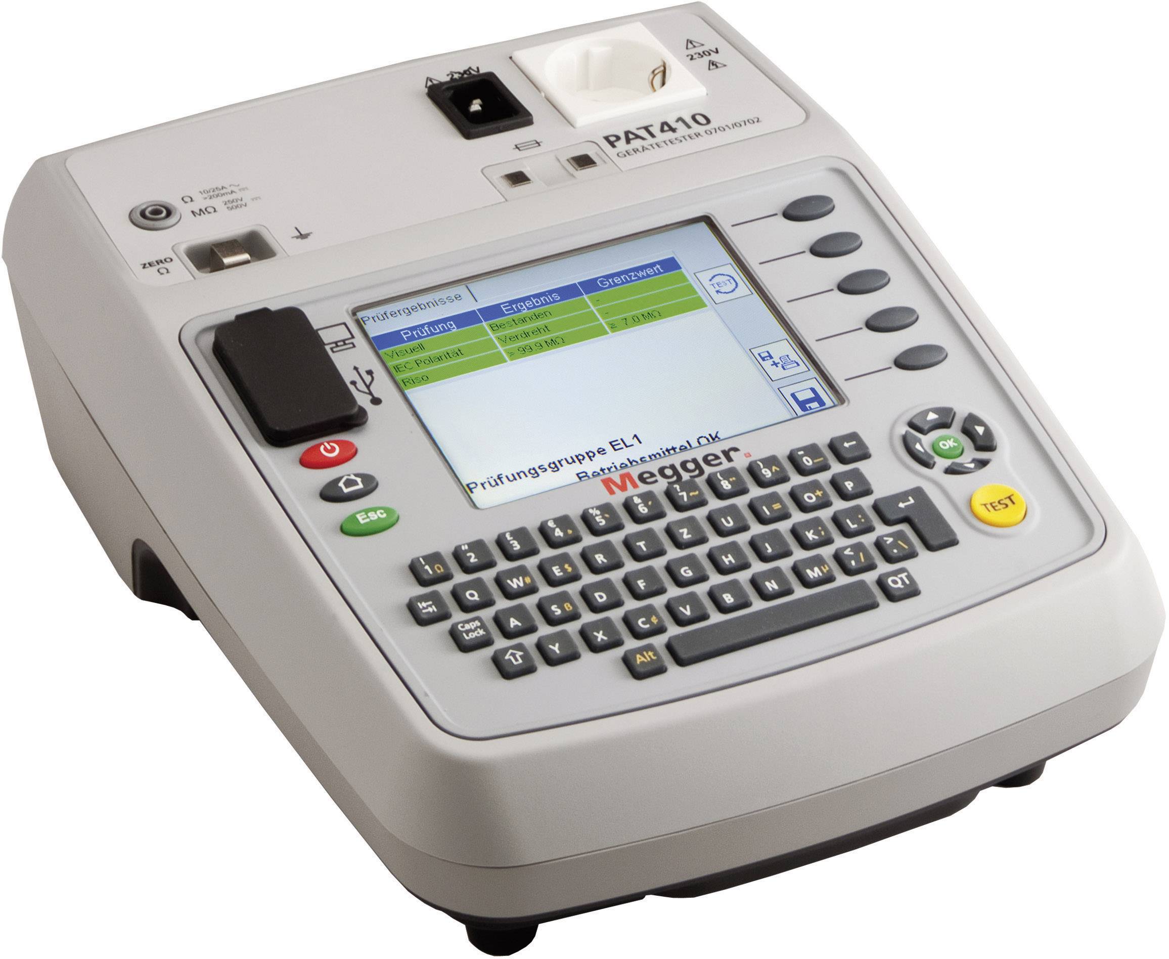 Un dispositivo portatile di test con tastiera e display per il controllo della sicurezza elettrica. Mostra i risultati dei test.