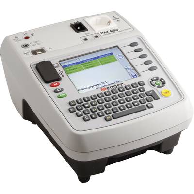 Un dispositivo portatile di test con display e tastiera, utilizzato per il controllo della sicurezza degli apparecchi. Lo schermo mostra i dettagli del test.