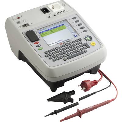 Un dispositivo portatile di test per verificare la sicurezza elettrica. Mostra un display con tastiera e cavi di misurazione collegati.