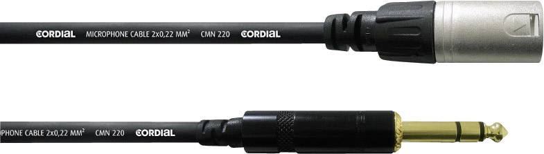 Un cavo per microfono: in alto un connettore XLR argentato, in basso un jack nero. Entrambi recano la scritta 'CORDIAL'.