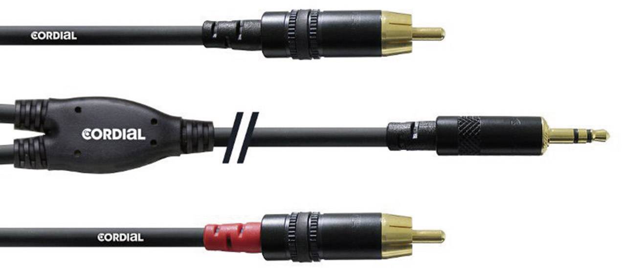 'Cavo adattatore: Due spine RCA a una spina jack da 3,5 mm. Marca Cordial, adatto per connessioni audio, colore nero con contatti dorati.'