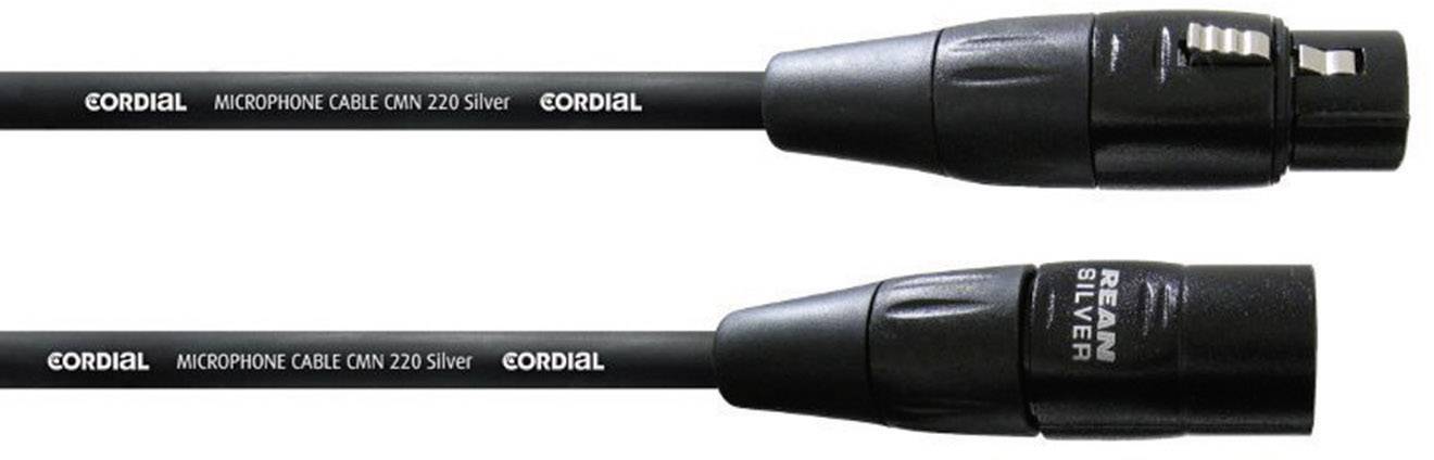 Due cavi microfonici XLR neri con l'etichetta 'Cordial', adatti per connessioni audio, sono posizionati uno accanto all'altro.