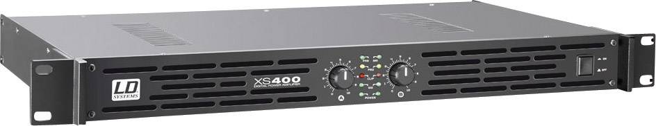 Un amplificatore nero LD Systems XS 400 con diversi pulsanti e luci sul pannello frontale, idoneo per l'amplificazione audio in rack.