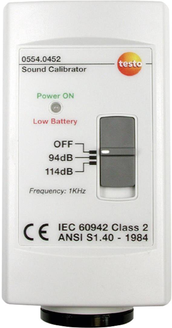 Dispositivo di calibrazione acustica bianco con logo Testo. Display per accensione, batteria scarica, spegnimento, 94 dB, 114 dB. Frequenza: 1 kHz.
