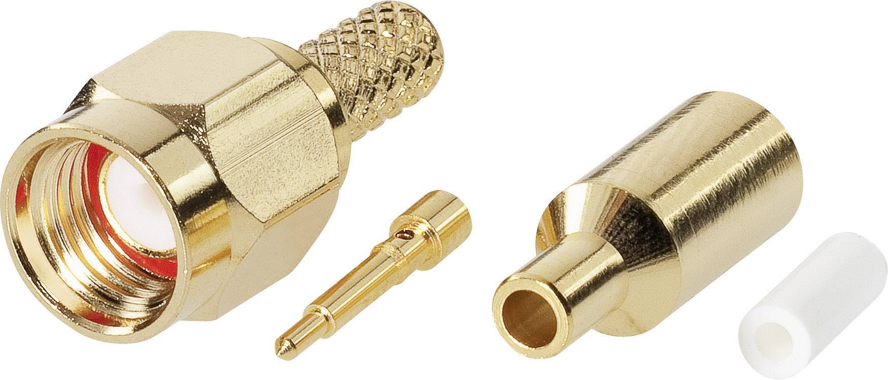 Connettore coassiale RF dorato, composto da involucro, pin di contatto e parte isolante, per connessioni di cavi in ambito elettronico.