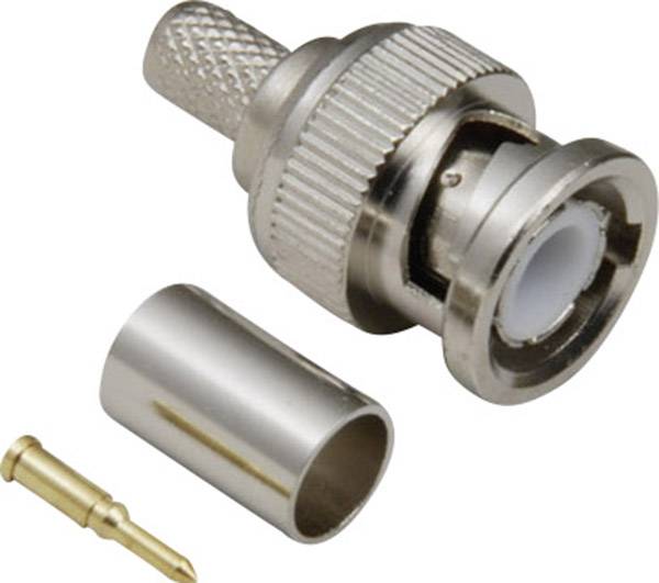 Connettore coassiale metallico e presa, smontati in tre parti, su sfondo bianco. Utilizzati per connessioni di cavi in campo elettronico.