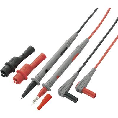 Cavi di prova elettronici con punte di misura rosse e nere e morsetti per la misurazione di valori elettrici.