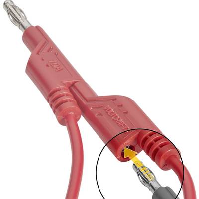 Spina rossa per banana con contatto flessibile caricato a molla per connessioni elettriche sicure, primo piano che mostra il dettaglio del meccanismo a molla.