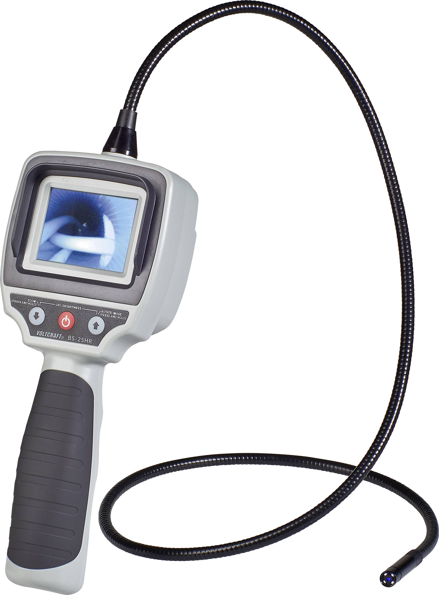 Un endoscopio portatile con tubo flessibile mostra su schermo un'immagine di un interno. Ideale per ispezioni tecniche.