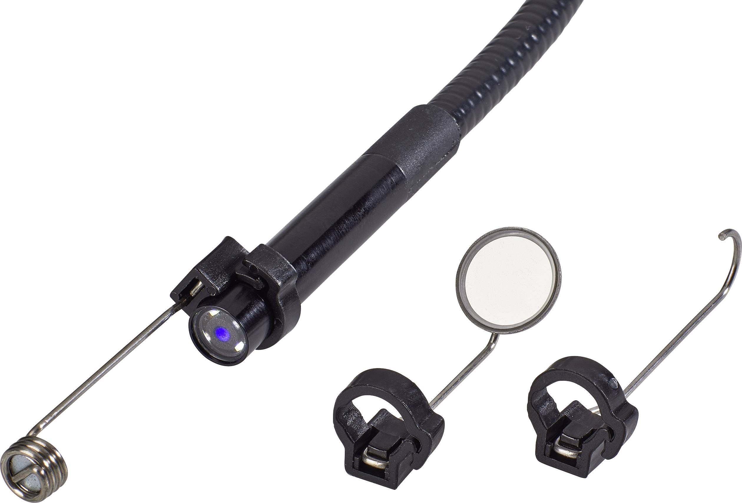 Sonda con telecamera e luce LED, con accessori per gancio e specchio. Idonea all'ispezione di aree difficilmente raggiungibili.