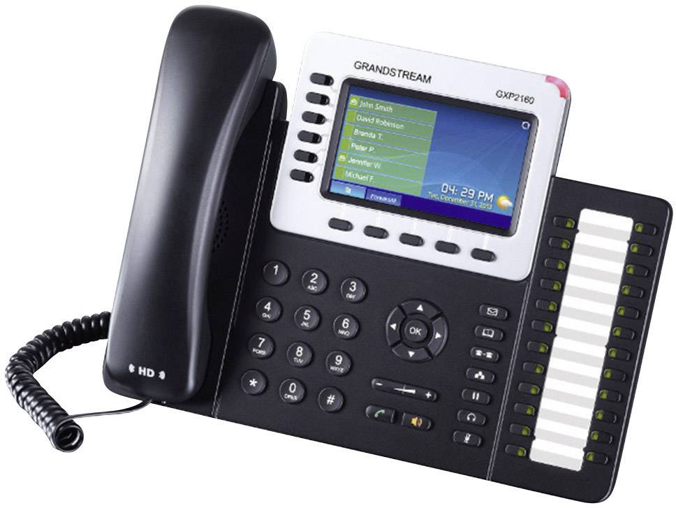 Un telefono da ufficio con tastiera, display e ricevitore. Il display mostra l'ora e un elenco di contatti.