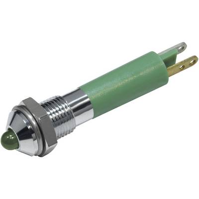 Indicatore a LED verde con involucro metallico e due connettori, comunemente utilizzato in circuiti elettronici per la segnalazione.