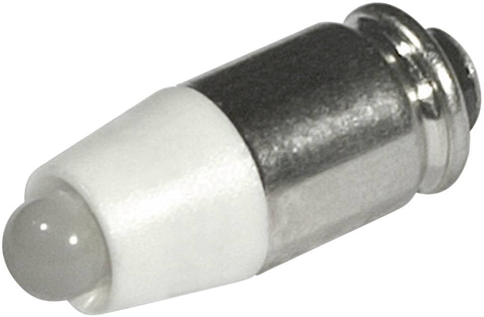 Piccola lampada metallica con una punta bianca in plastica, probabilmente un contatto per batteria o lampadina.