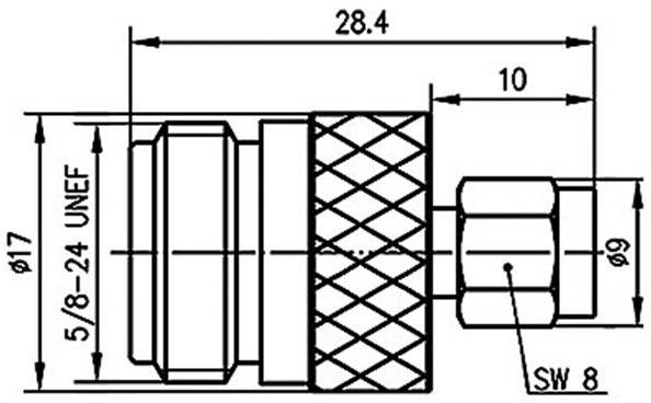 Disegno tecnico di un connettore con dimensioni: lunghezza 28,4 mm, diametro 17 mm, filettatura 5/8-24 UNEF.